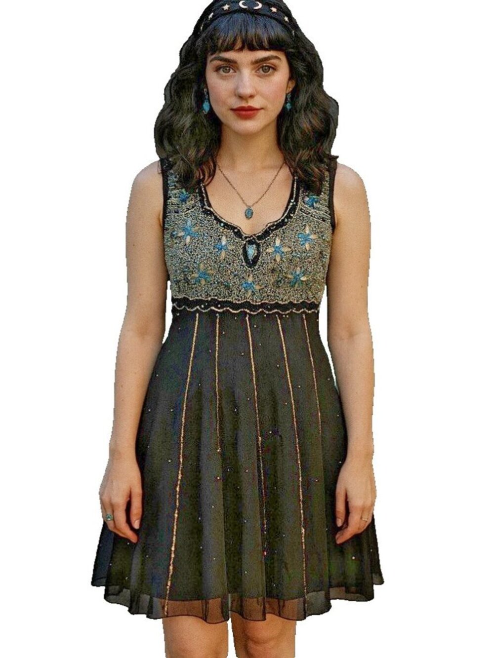 Vtg Womens Small Black Dress Whimsigoth Dark Fairy Flapper Sequin Beaded    Gg